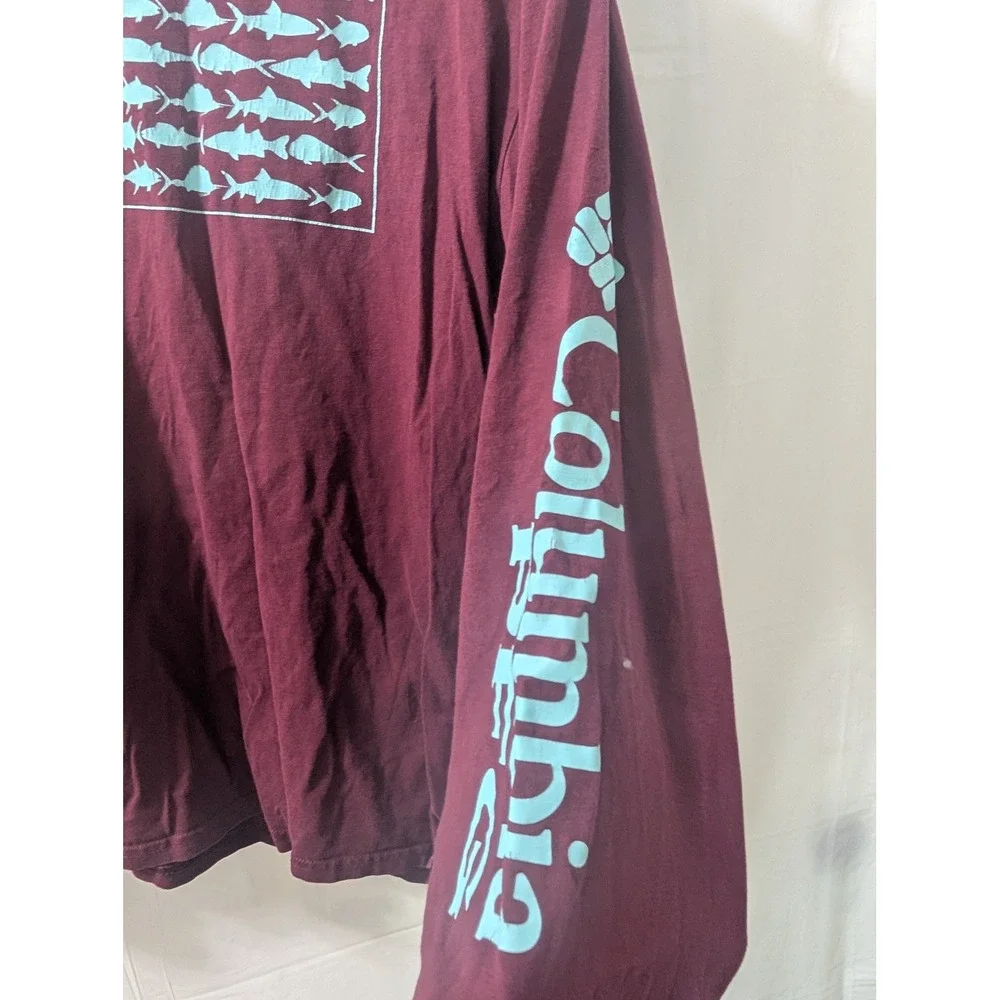 Columbia Mens Long Sleeve Graphic T Shirt Fish American Flag Burgundy Large - Picture 2 of 7